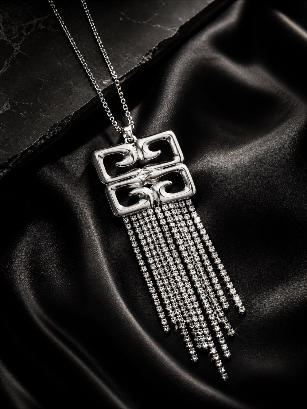 Givenchy 4G Liquid Fringe Crystal Necklace Silver Statement Tassel Pendant
